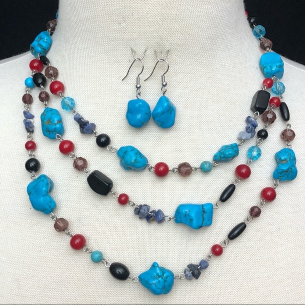 3 row Turquoise Stone Red Black Layered Necklace Earrings Set